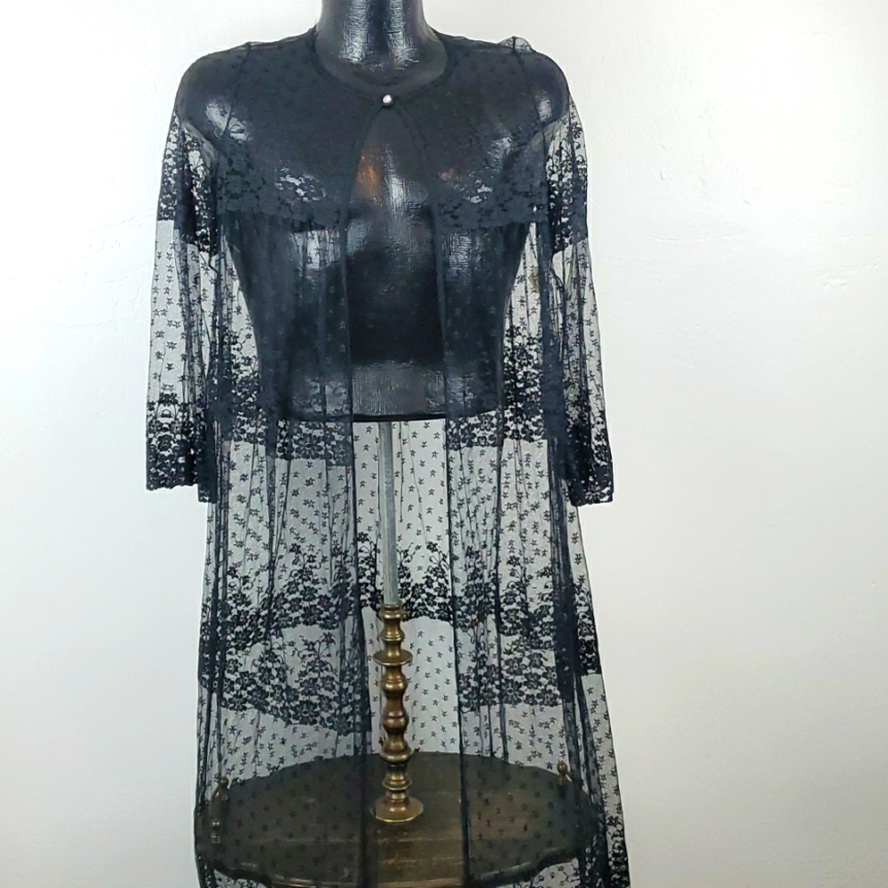 Vintage Deena black long lace 3/4 sleeve robe peignoir women size M